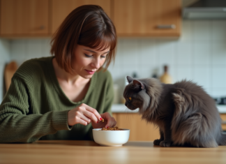 Chat difficile : réussir la transition alimentaire en douceur ! Femme donnant de la nourriture à son chat dans la cuisine