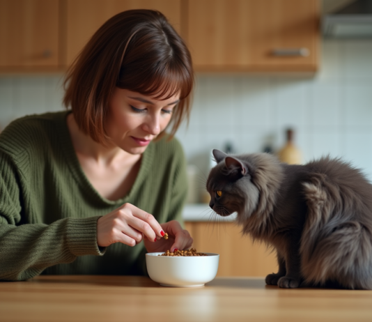 Chat difficile : réussir la transition alimentaire en douceur ! Femme donnant de la nourriture à son chat dans la cuisine