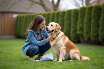 Femme souriante avec son chien en extérieur pour assurance santé