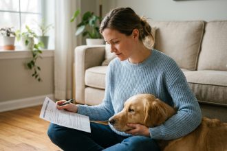 Femme tenant un golden retriever dans ses bras tout en consultant un document d'assurance santé pour animaux à domicile