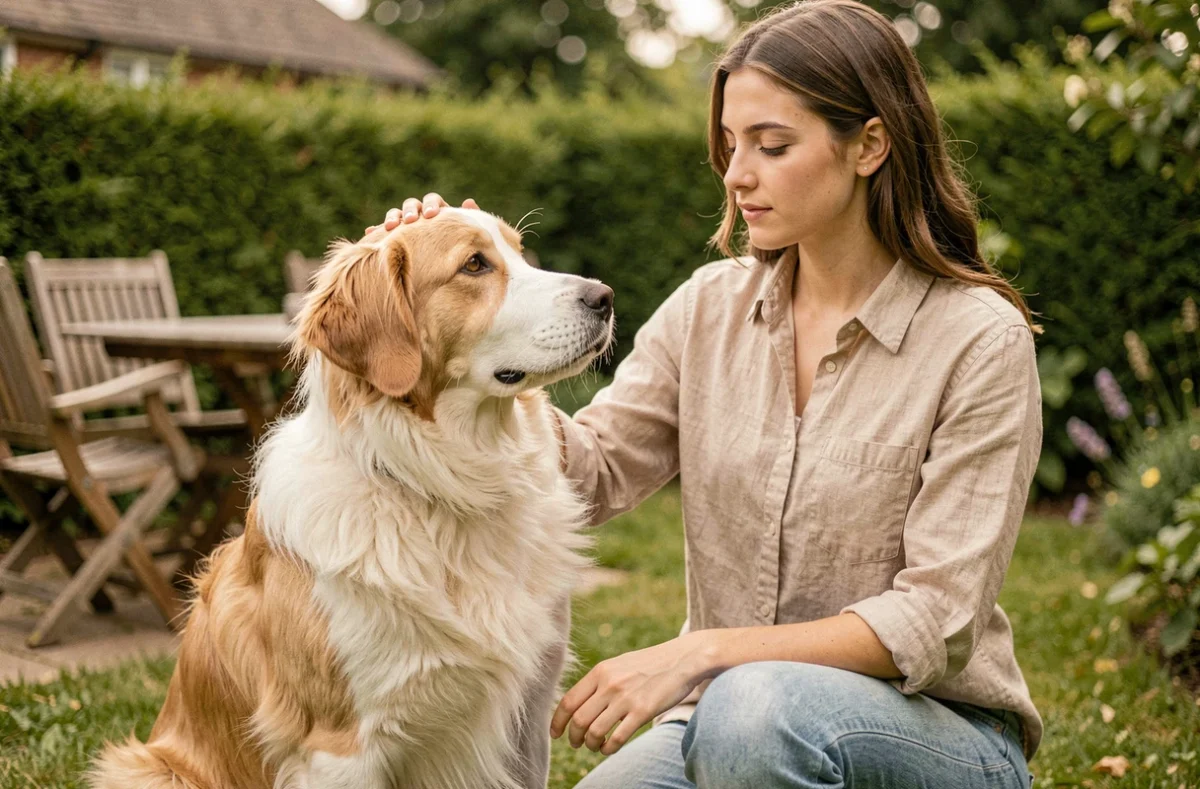 Femme et chien Eurasier dans un jardin verdoyant, portrait complice en extérieur