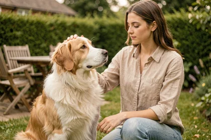 Femme et chien Eurasier dans un jardin verdoyant, portrait complice en extérieur