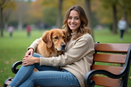 Femme assise avec son chien golden retriever dans un parc