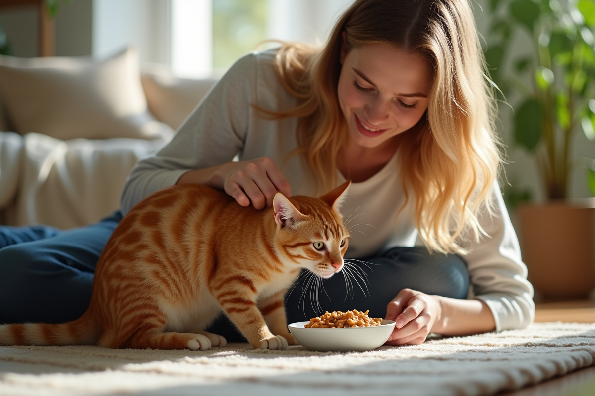 Femme encourageant son chat orange à manger dans un salon chaleureux