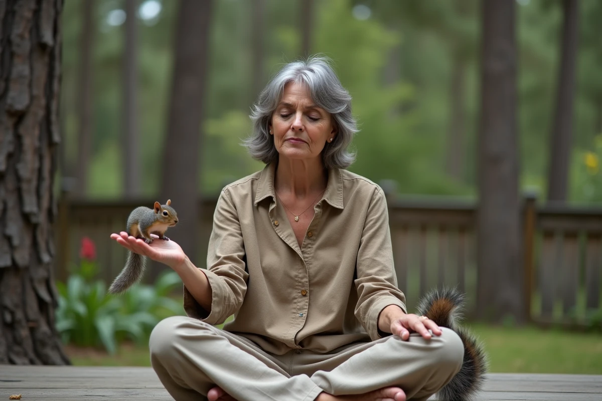 Femme contemplative observant un écureuil gris dans sa main ouverte sur une terrasse en bois, connexion spirituelle avec la nature
