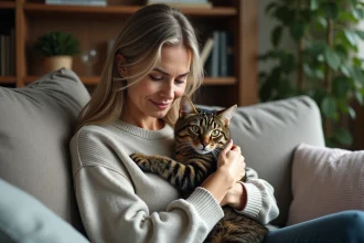Femme d'âge moyen tenant tendrement un chat tabby dans un salon cosy
