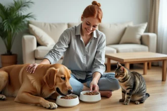 Femme choisissant des croquettes pour son chien golden retriever et son chat tigré dans un salon moderne