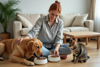 Femme choisissant des croquettes pour son chien golden retriever et son chat tigré dans un salon moderne