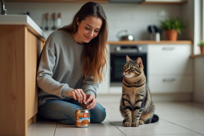 Femme dans la cuisine donne à manger à un chat tabby