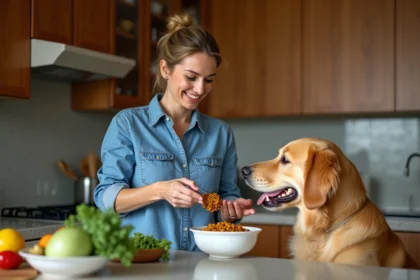 Femme en denim préparant un repas pour son chien golden retriever
