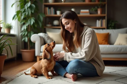 Jeune femme avec chien dachshund dans un salon chaleureux