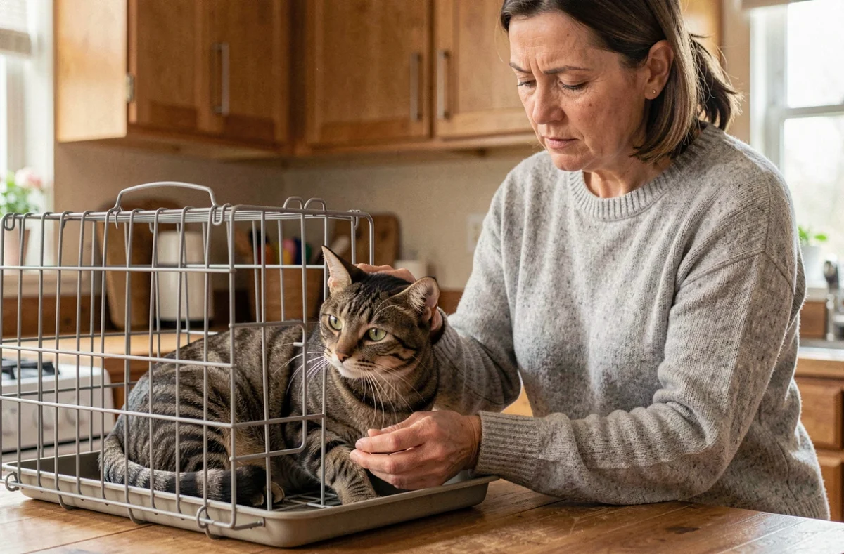 Femme déposant son chat dans un transport avant de le confier à une association de protection animale