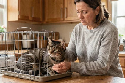 Femme déposant son chat dans un transport avant de le confier à une association de protection animale