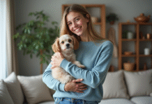 Jeune femme avec chien dans un salon chaleureux