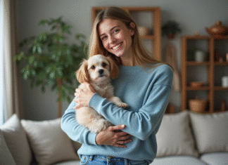 Jeune femme avec chien dans un salon chaleureux