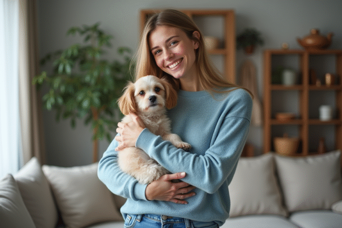 Jeune femme avec chien dans un salon chaleureux