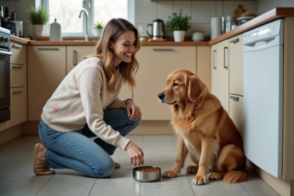 Femme en cuisine donnant à manger à son chien golden retriever