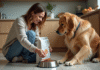 Croquettes pour chien : bonnes ou mauvaises ? Impact sur leur santé Femme versant de la nourriture pour chien dans un bol