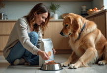 Croquettes pour chien : bonnes ou mauvaises ? Impact sur leur santé Femme versant de la nourriture pour chien dans un bol