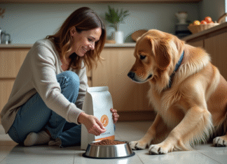 Croquettes pour chien : bonnes ou mauvaises ? Impact sur leur santé Femme versant de la nourriture pour chien dans un bol