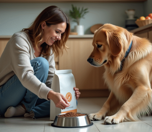 Croquettes pour chien : bonnes ou mauvaises ? Impact sur leur santé Femme versant de la nourriture pour chien dans un bol