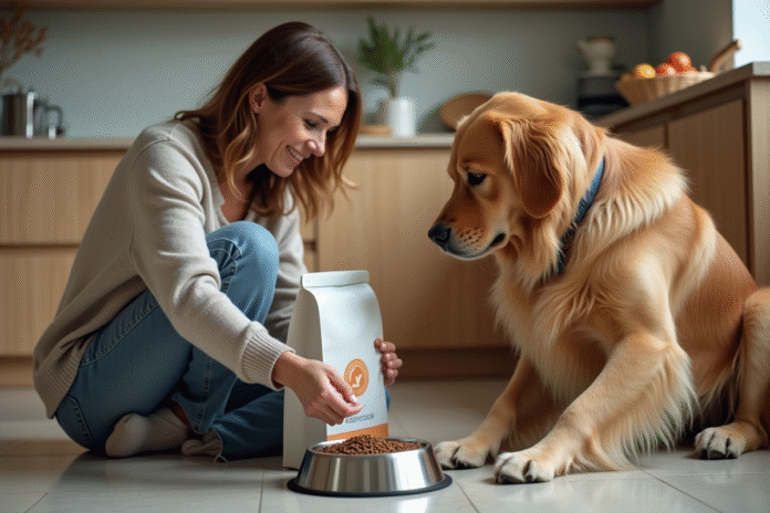 Femme versant de la nourriture pour chien dans un bol