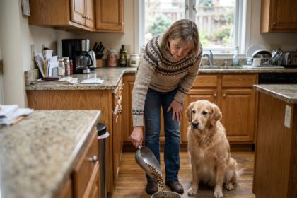 Femme versant des croquettes pour chien dans un bol en céramique