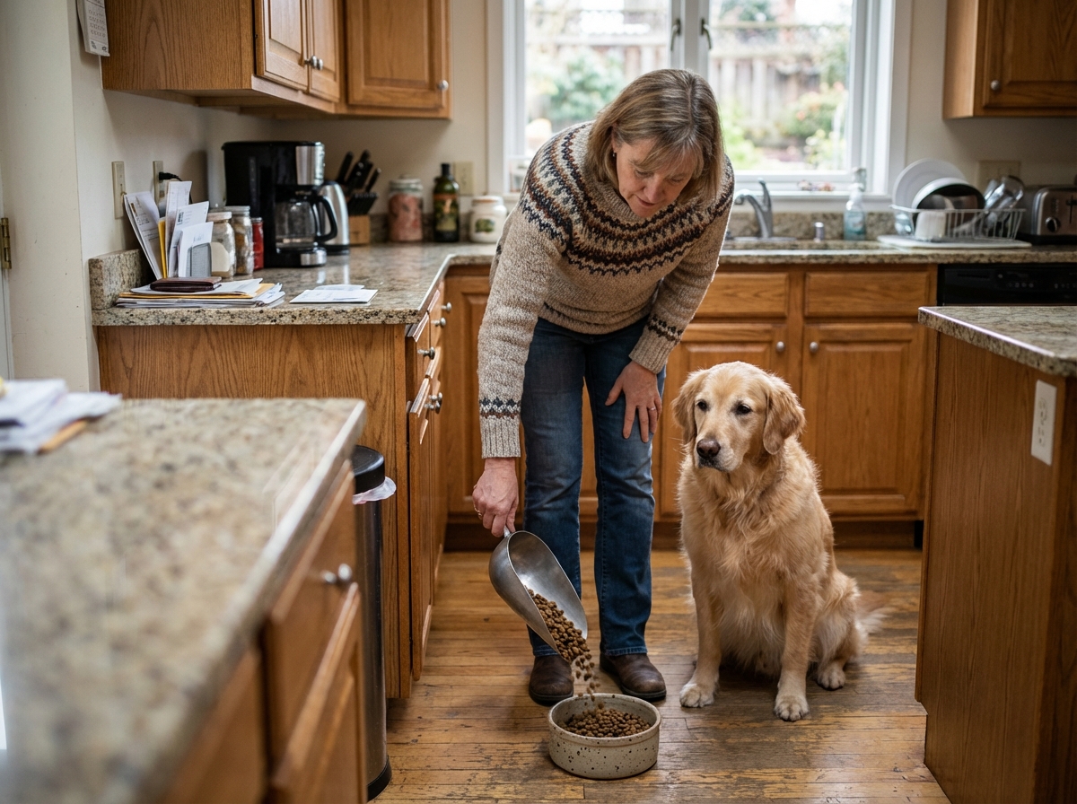 Femme versant des croquettes pour chien dans un bol en céramique