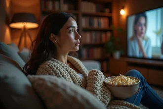 Femme émue aux larmes en regardant un film bouleversant sur les chevaux, enveloppée dans un plaid sur son canapé