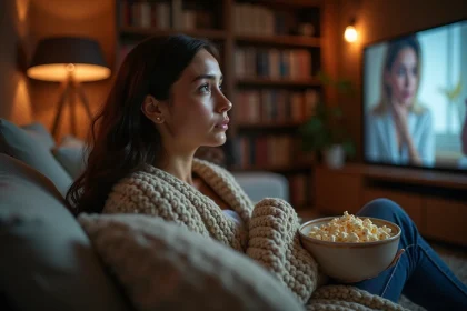 Femme émue aux larmes en regardant un film bouleversant sur les chevaux, enveloppée dans un plaid sur son canapé