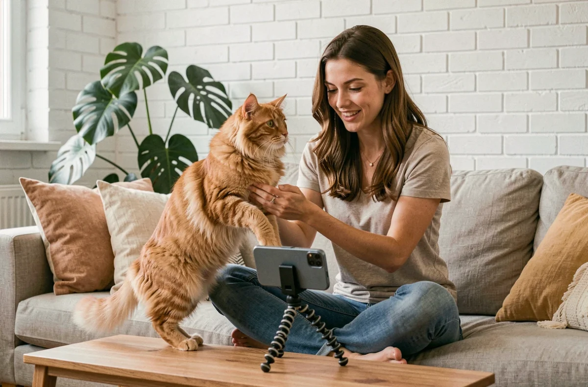 Jeune femme filmant son chat roux pour créer du contenu viral sur les réseaux sociaux depuis son salon