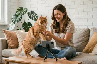 Jeune femme filmant son chat roux pour créer du contenu viral sur les réseaux sociaux depuis son salon