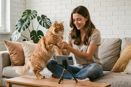 Jeune femme filmant son chat roux pour créer du contenu viral sur les réseaux sociaux depuis son salon