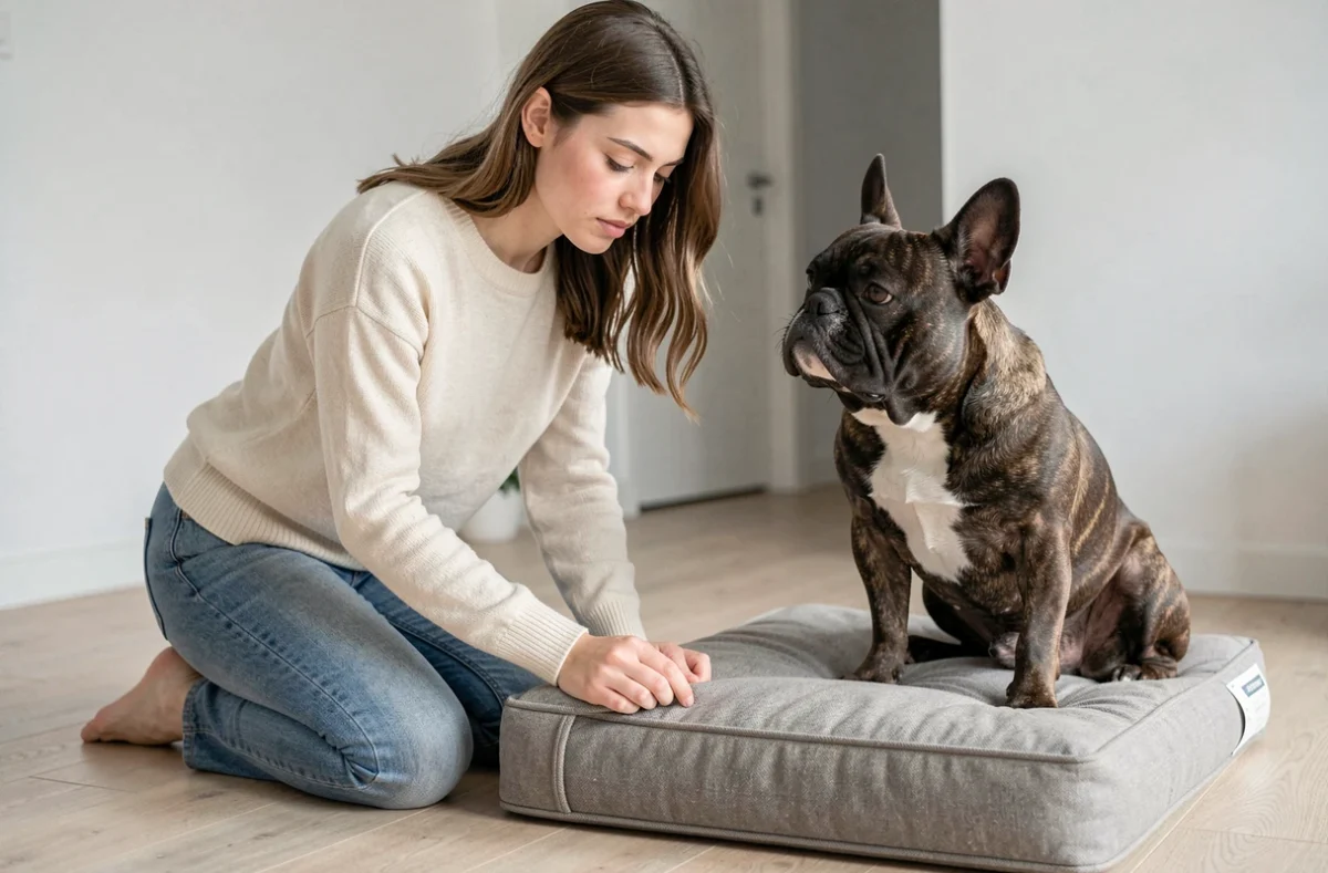 Femme inspectant un coussin indestructible pour chien avec un bouledogue français assis dessus dans un appartement moderne