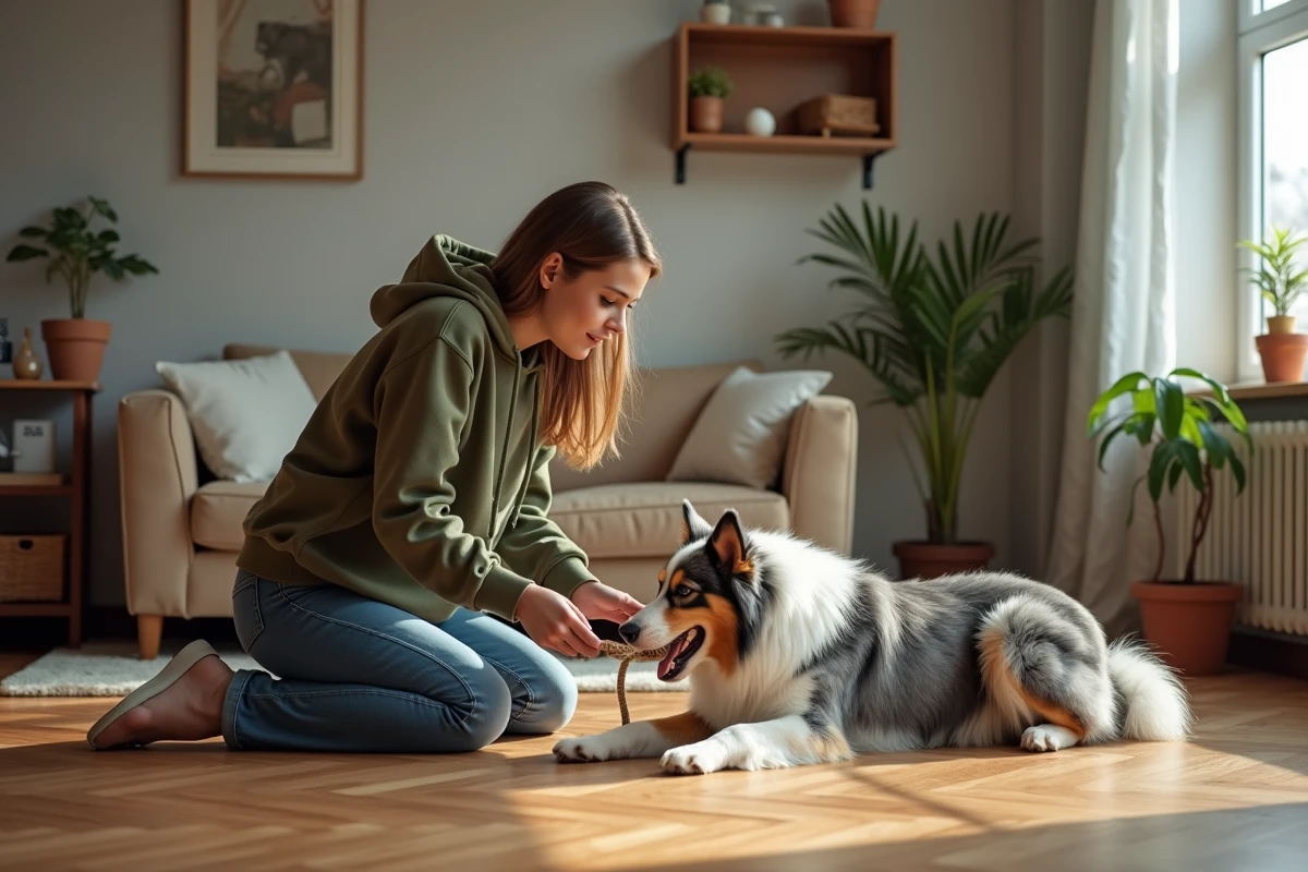 Femme jouant avec un Border Collie Bleu Merle dans un petit appartement en ville
