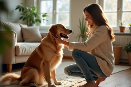 Jeune femme jouant avec un golden retriever dans un salon lumineux