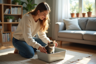 Jeune femme avec un chaton dans un salon lumineux