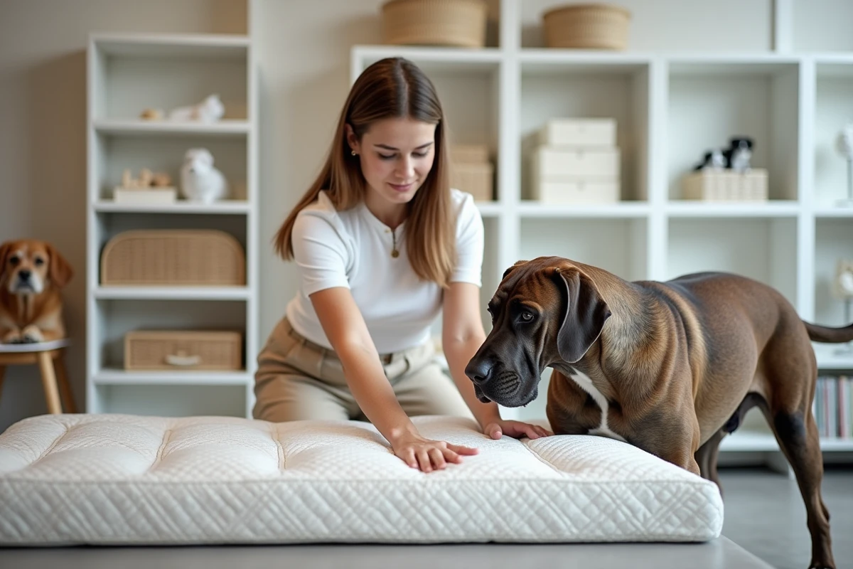 Femme démontrant la densité d'un lit orthopédique XXL pour grand chien en animalerie