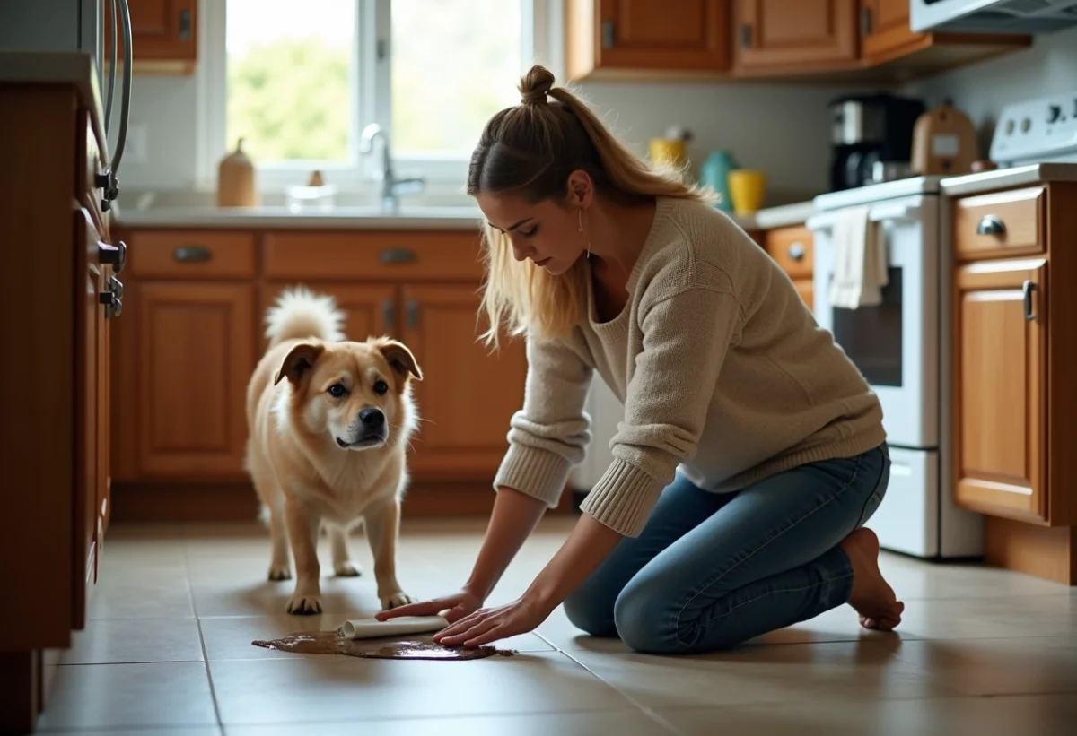 Femme nettoie une petite tache avec son chien dans la cuisine