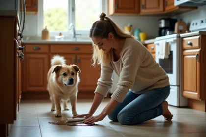 Femme nettoie une petite tache avec son chien dans la cuisine