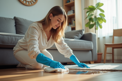 Femme nettoyant un canapé avec une serviette absorbante