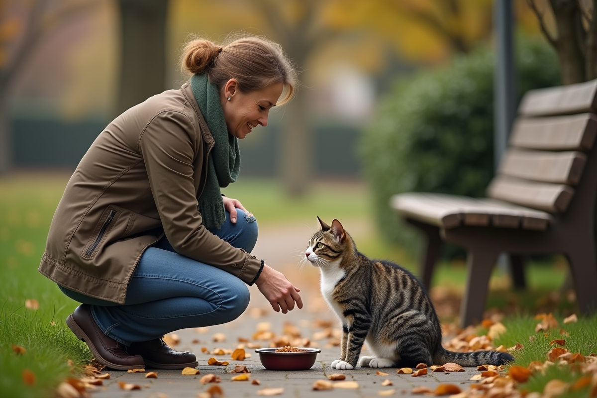 Femme donnant à manger à un chat errant dans un parc