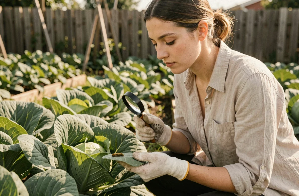 Femme observant une chenille sur une feuille de chou dans un potager avec une loupe