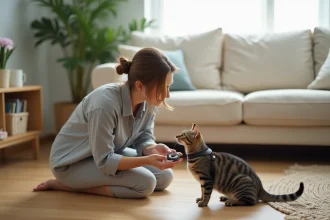 Femme présentant un harnais à son chat tabby sur un parquet en bois, utilisant une approche douce et positive pour l'habituer à l'équipement