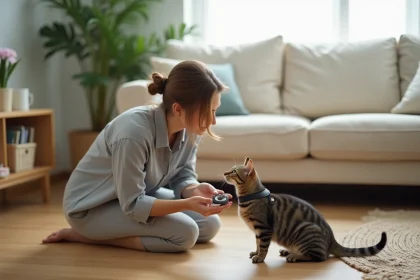 Femme présentant un harnais à son chat tabby sur un parquet en bois, utilisant une approche douce et positive pour l'habituer à l'équipement