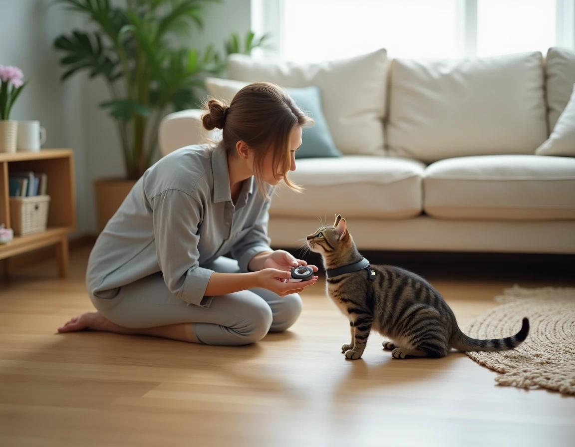 Femme présentant un harnais à son chat tabby sur un parquet en bois, utilisant une approche douce et positive pour l'habituer à l'équipement