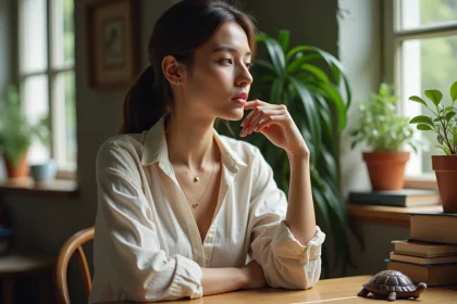 Jeune femme regardant par la fenêtre avec collier tortue