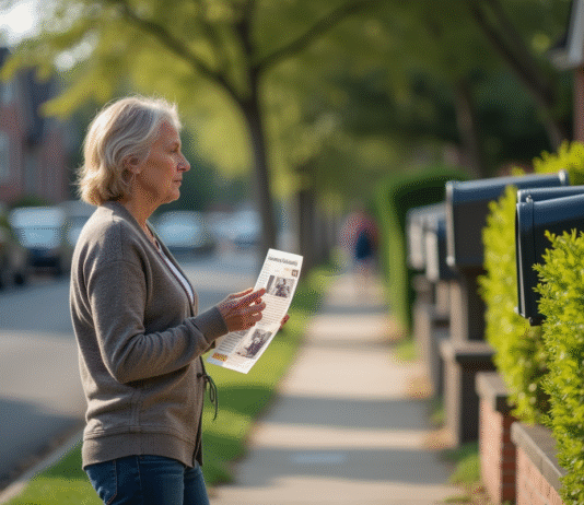 Femme d'âge moyen tenant un tract avec un chat, regard pensif