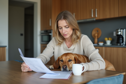 Femme moyenne âge vérifiant ses factures pour animaux