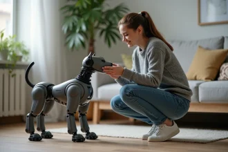 Jeune femme souriante caressant un robot chien dans un salon moderne